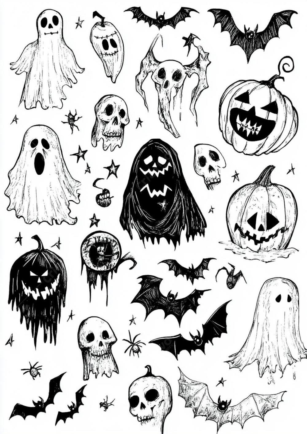 Um desenho detalhado de vários símbolos do Halloween_08