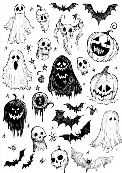 Um desenho detalhado de vários símbolos do Halloween_08