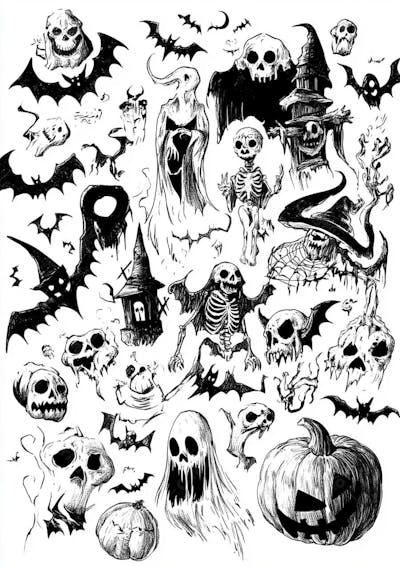 Um desenho detalhado de vários símbolos do Halloween_13