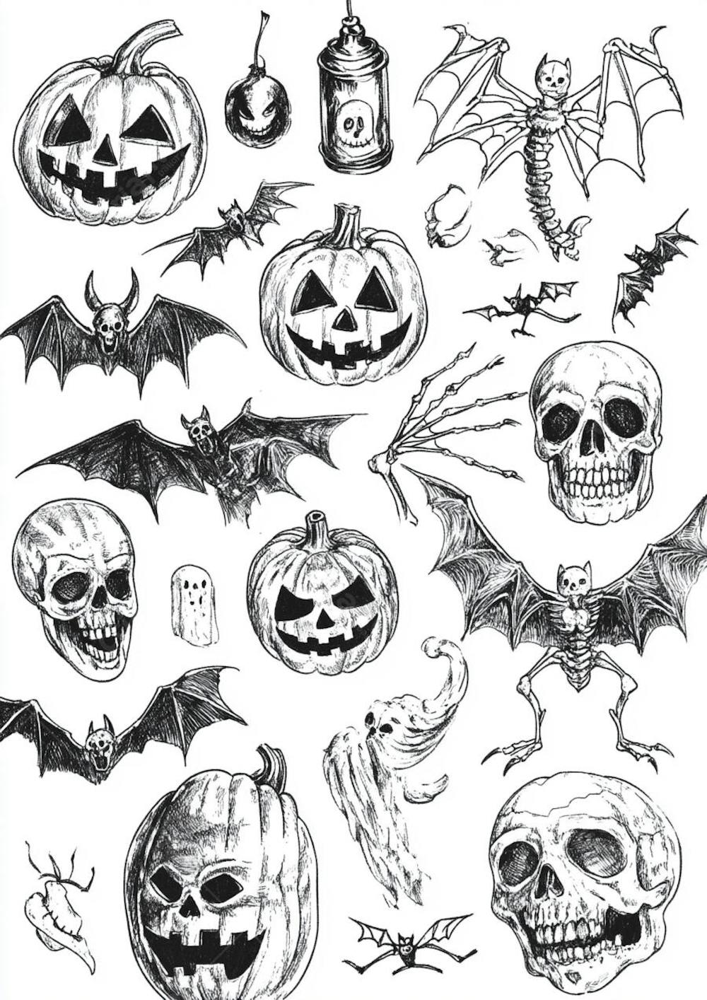 Um desenho detalhado de vários símbolos do Halloween_16