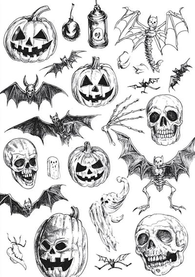 Um desenho detalhado de vários símbolos do Halloween_16
