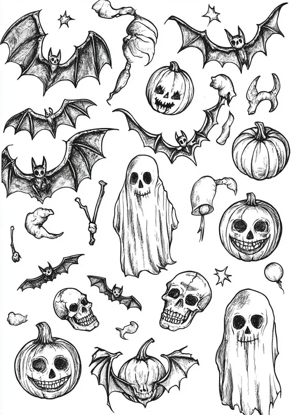 Um desenho detalhado de vários símbolos do Halloween_18