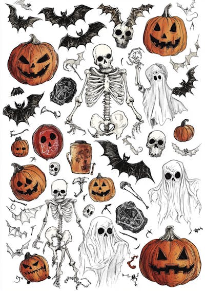 Um desenho detalhado de vários símbolos do Halloween_15