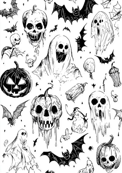 Um desenho detalhado de vários símbolos do Halloween_21