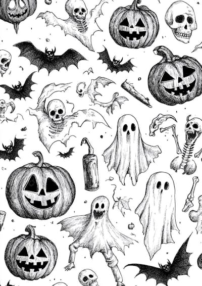 Um desenho detalhado de vários símbolos do Halloween_20