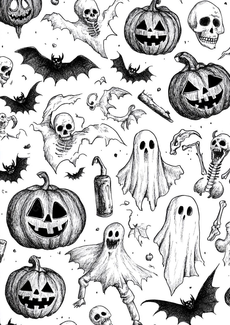Ilustração Halloween abóboras fantasmas caveiras