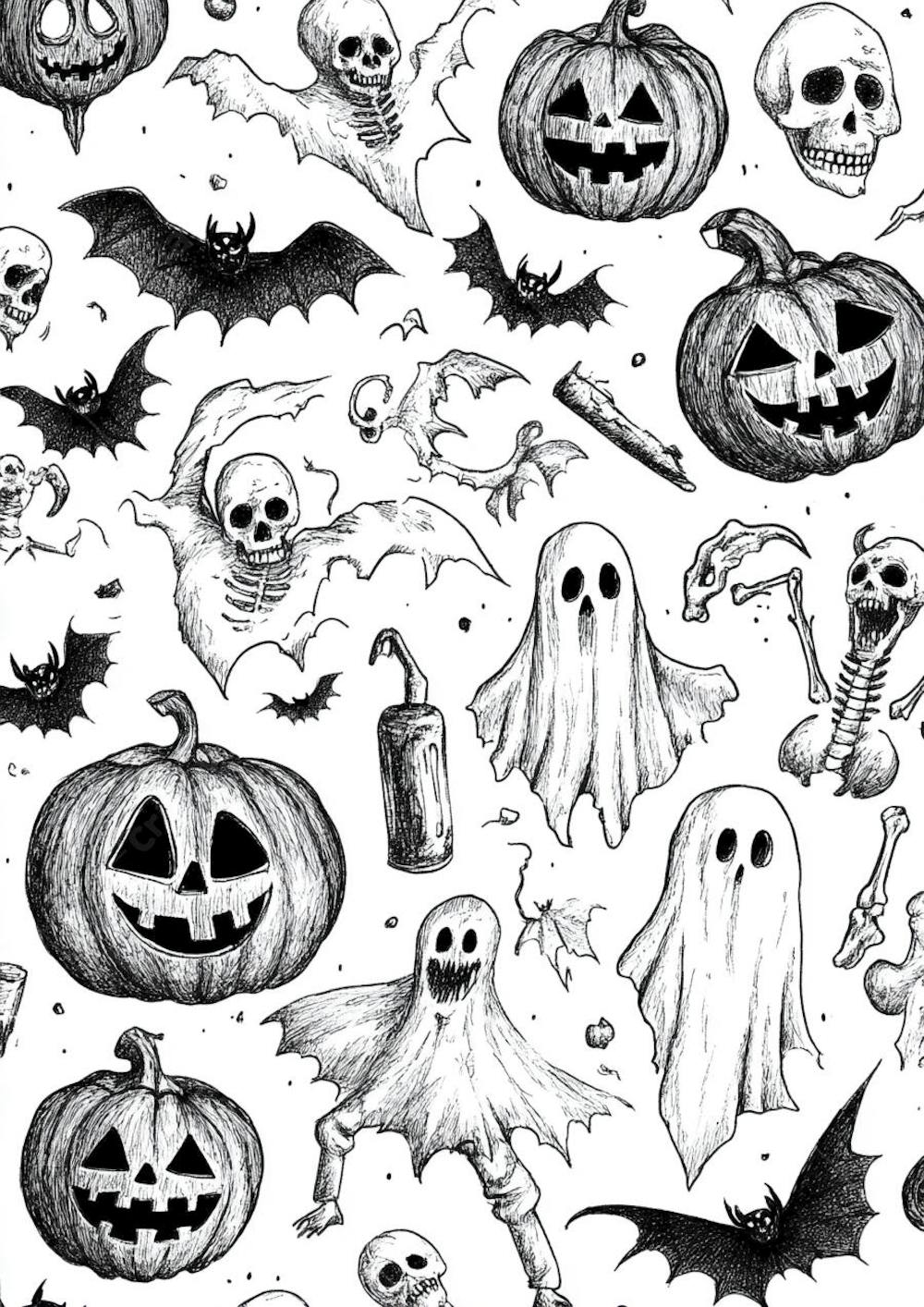 Um desenho detalhado de vários símbolos do Halloween_20
