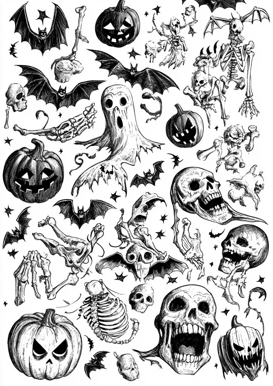 Ilustrações de Halloween Caveiras Morcegos Abóboras