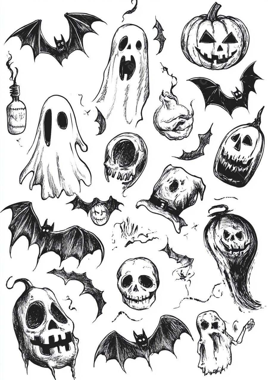 Ilustrações de Halloween em preto e branco