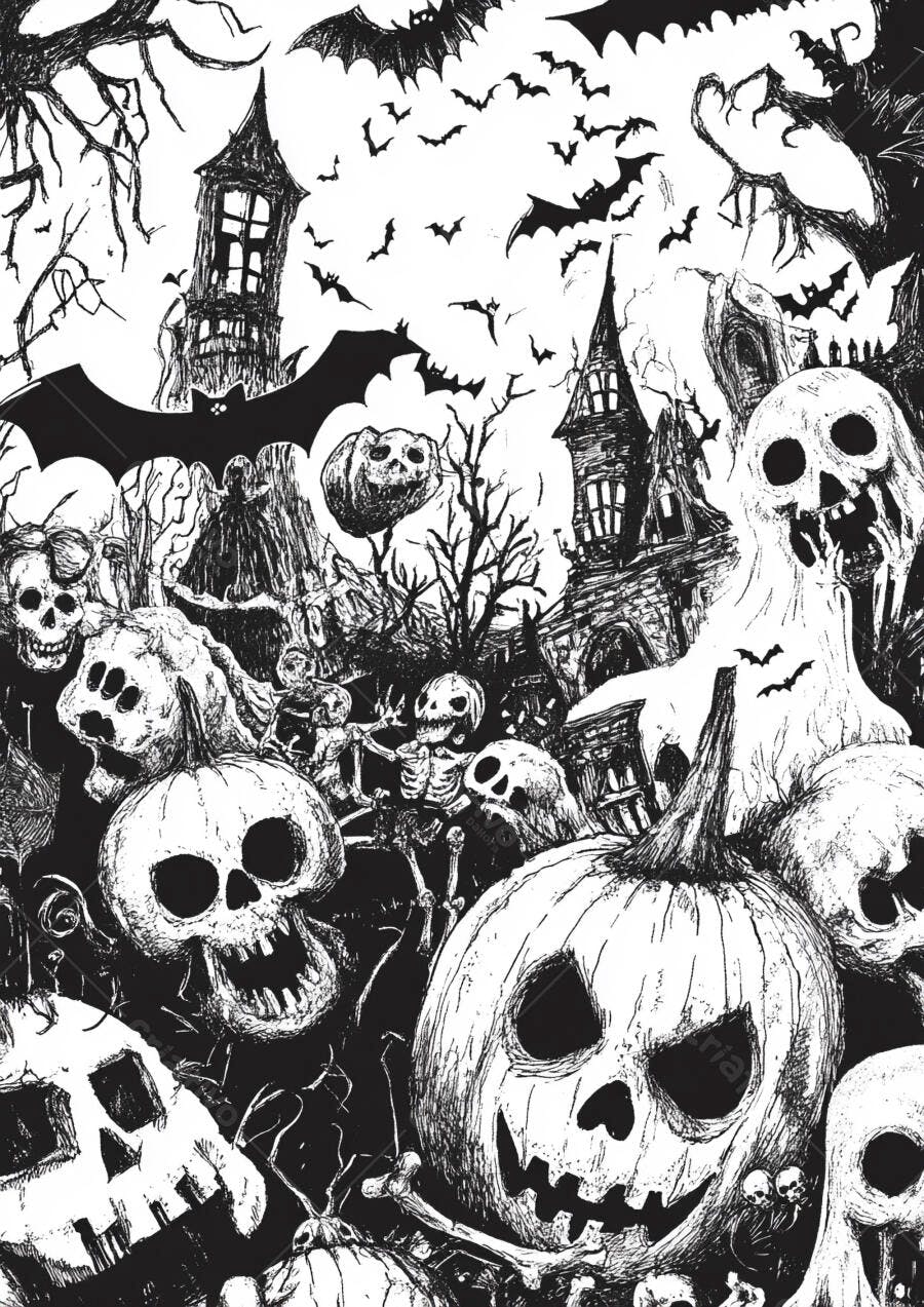 Ilustração Halloween Abóbora Caveira Casa Assombrada