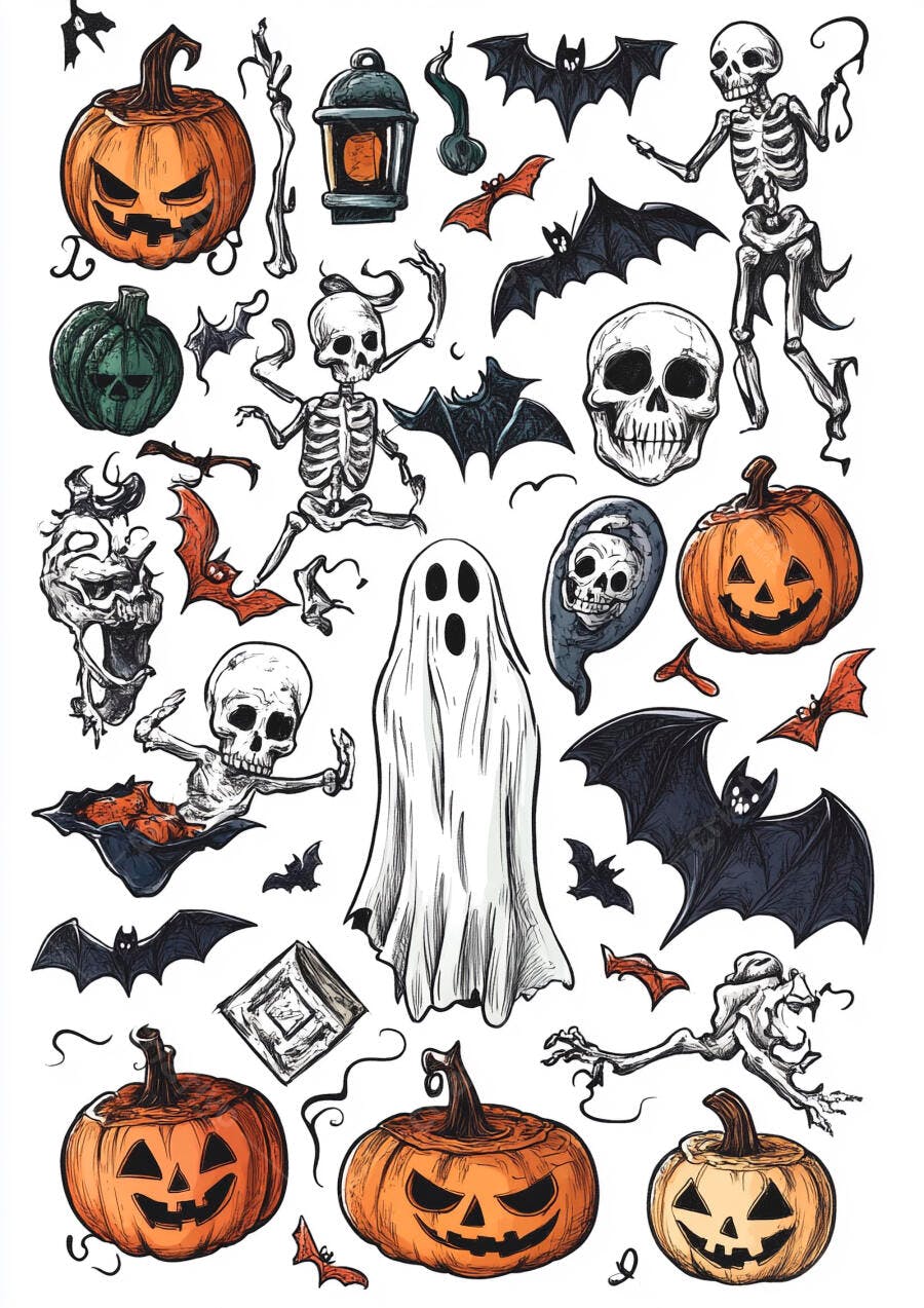 Coleção de ícones Halloween abóboras caveiras morcegos