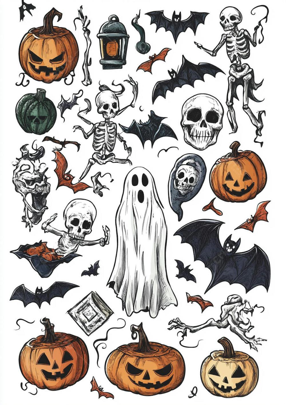 Um desenho detalhado de vários símbolos do Halloween_38