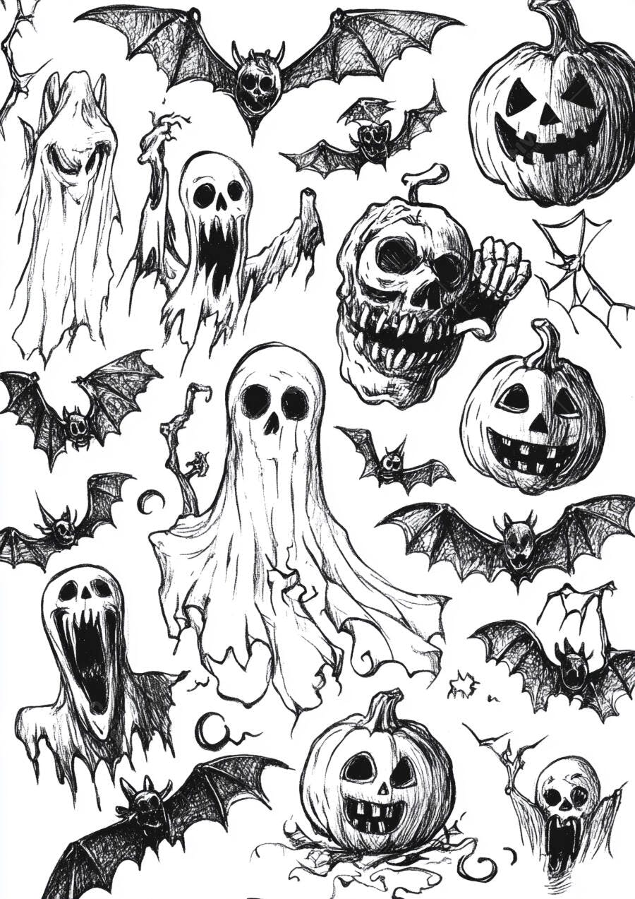 Ilustrações de Halloween Fantasmas Abóboras Morcegos