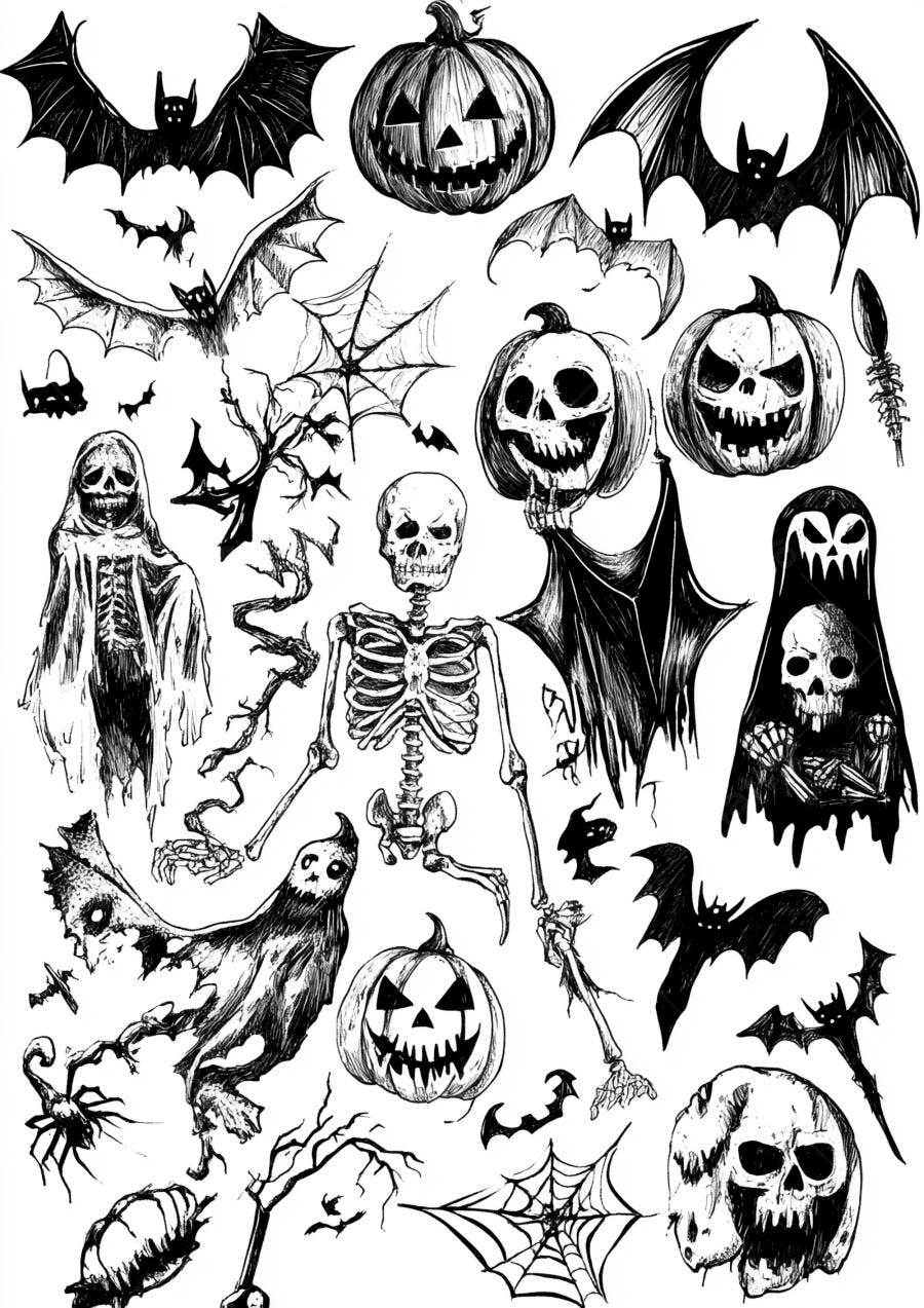 Ilustrações de Halloween em preto e branco