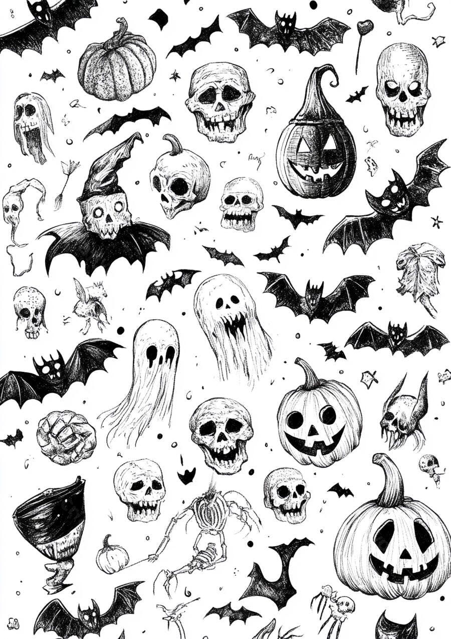 Ilustração Halloween Abóbora Caveira Morcego