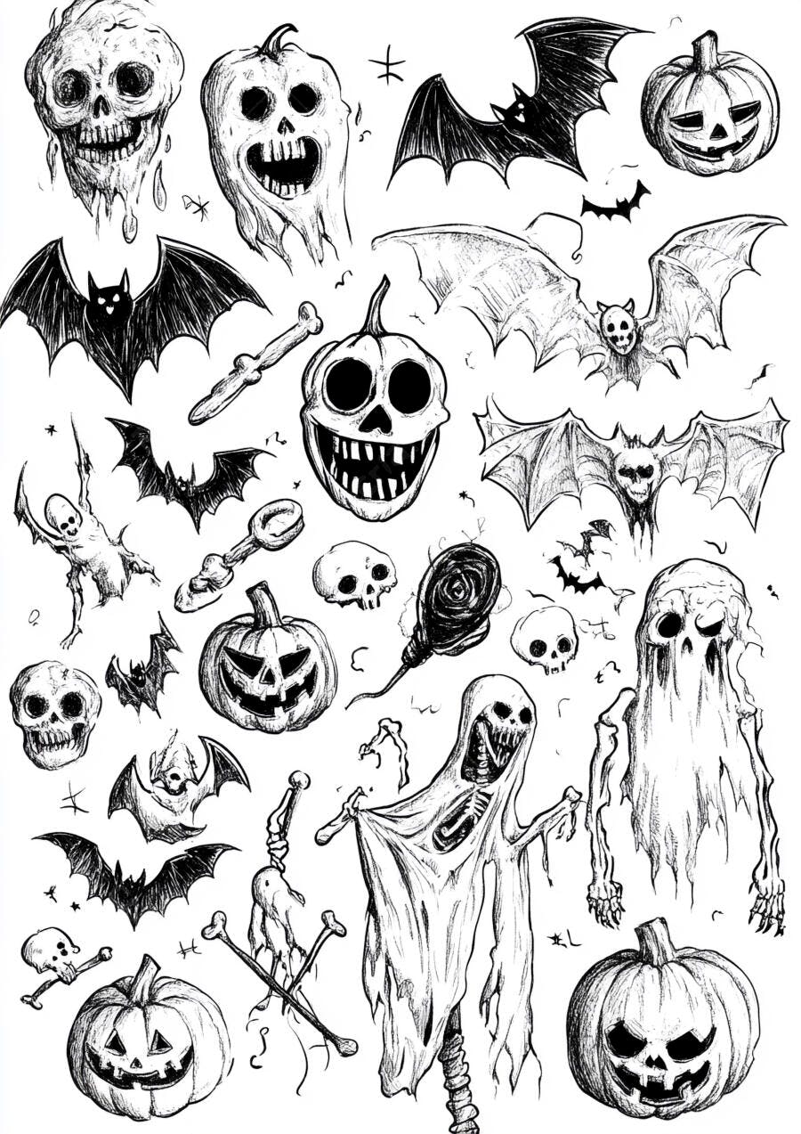 Ilustrações de Halloween Abóboras Caveiras e Morcegos