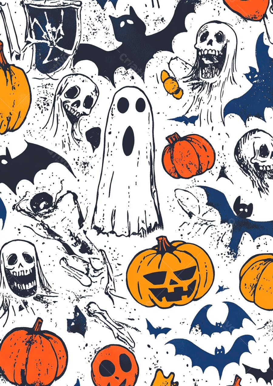 Padrão Halloween Abóboras Fantasmas Morcegos