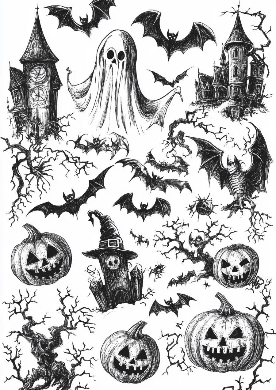 Ilustrações de Halloween Abóboras Morcegos e Fantasmas