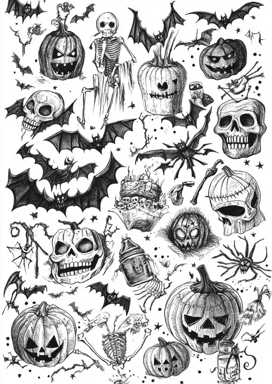 Ilustrações de Halloween Abóboras Caveiras e Morcegos