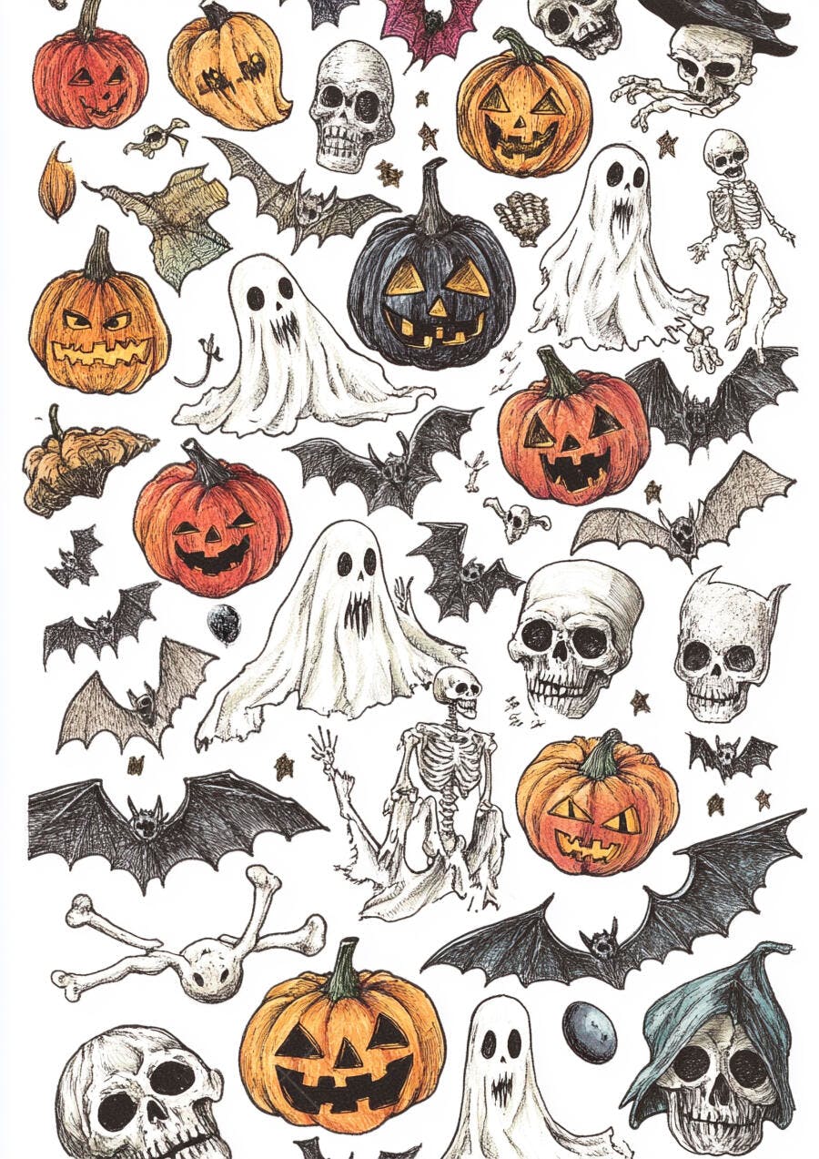 Ilustração Halloween Abóboras Fantasmas Caveiras