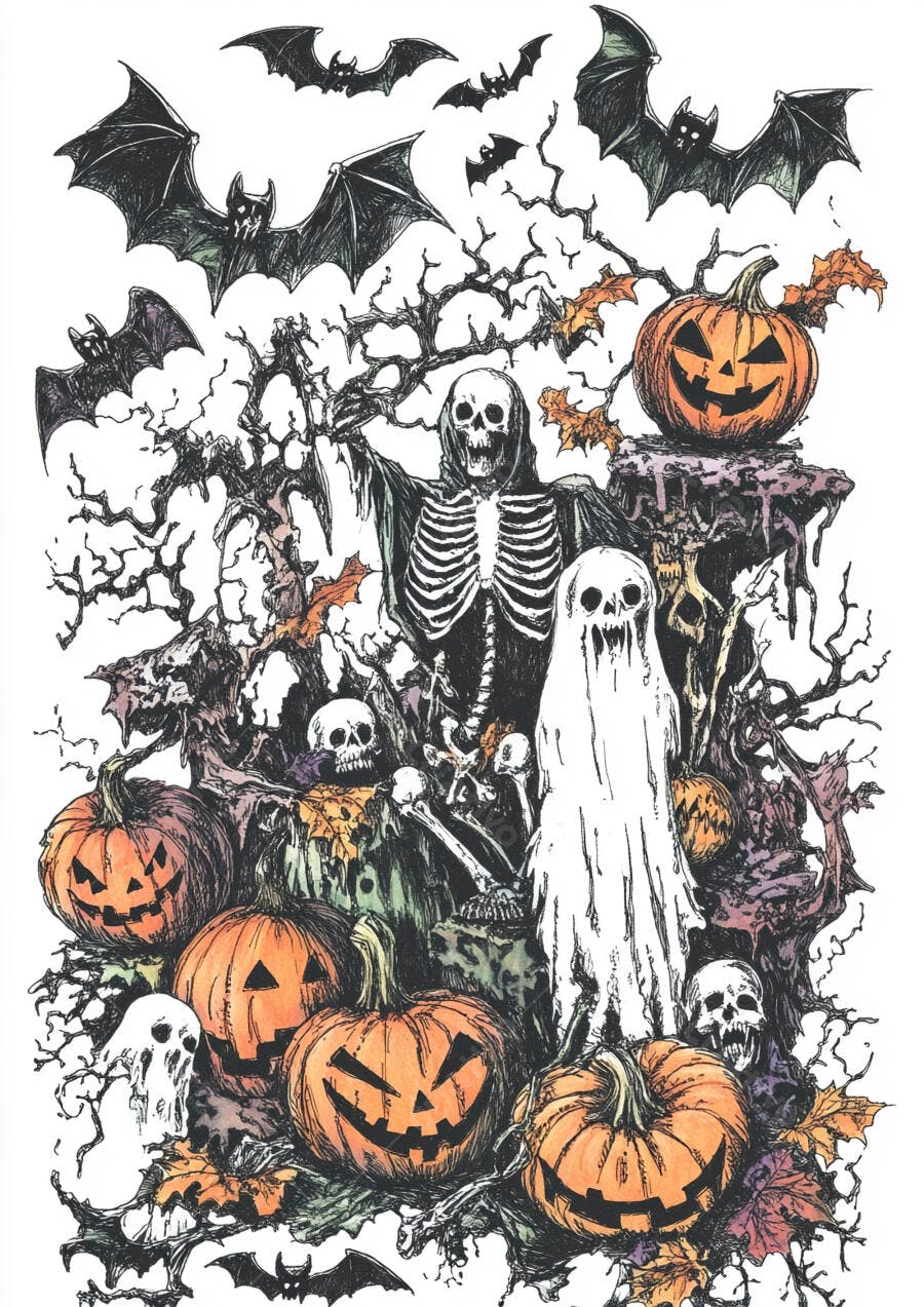 Ilustração Halloween Abóboras Caveiras Fantasmas