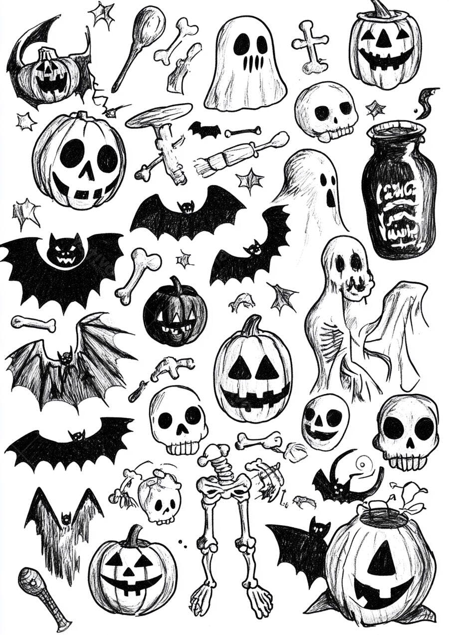 Ilustrações de Halloween em preto e branco