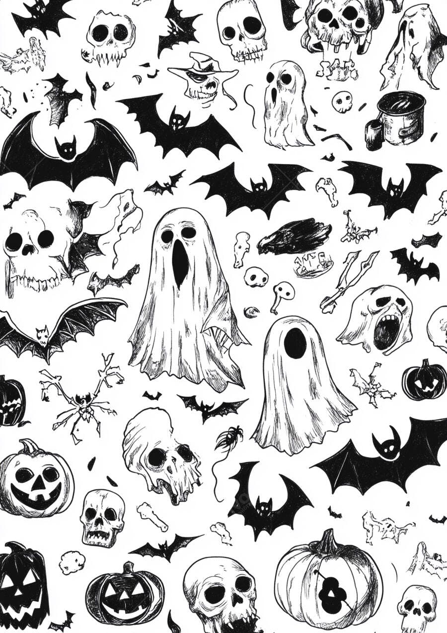 Ilustrações de Halloween Abóboras Caveiras e Morcegos