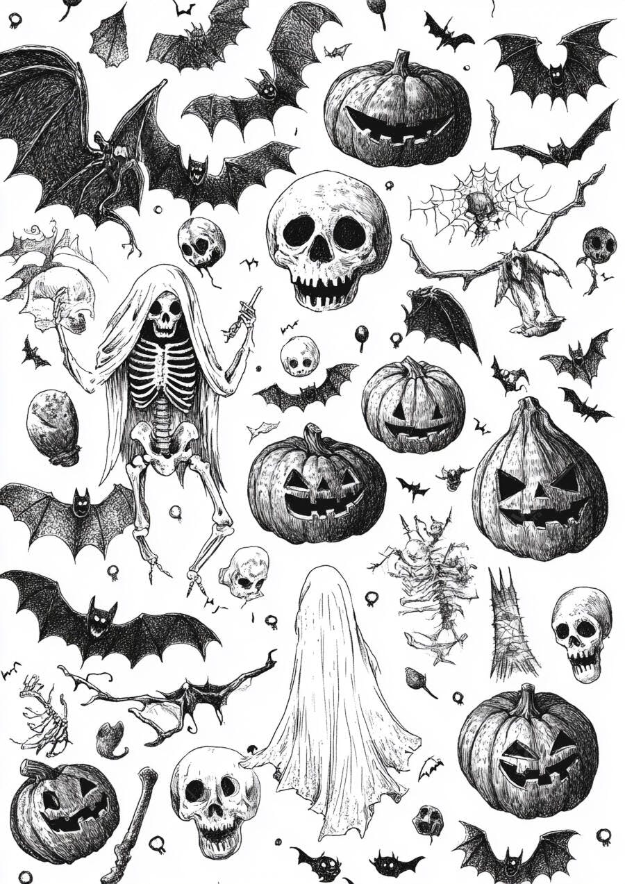 Ilustrações de Halloween em preto e branco