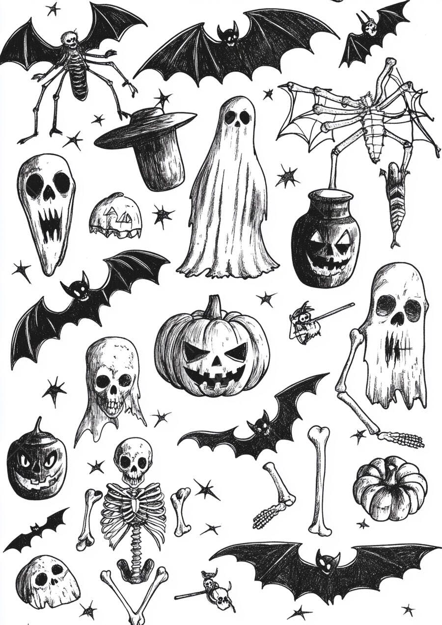 Ilustrações de Halloween em preto e branco