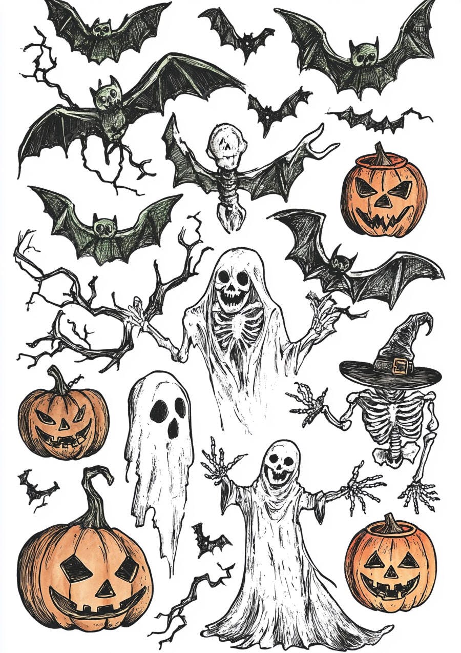 Ilustrações de Halloween abóboras morcegos fantasmas