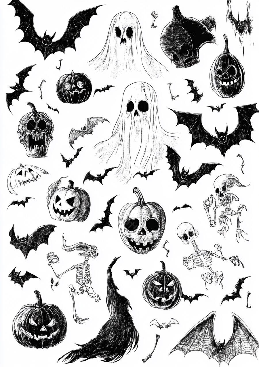 Ilustrações de Halloween abóboras morcegos fantasmas