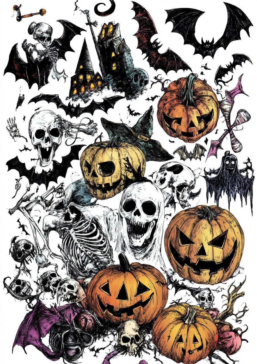 Ilustração Halloween abóboras caveiras morcegos