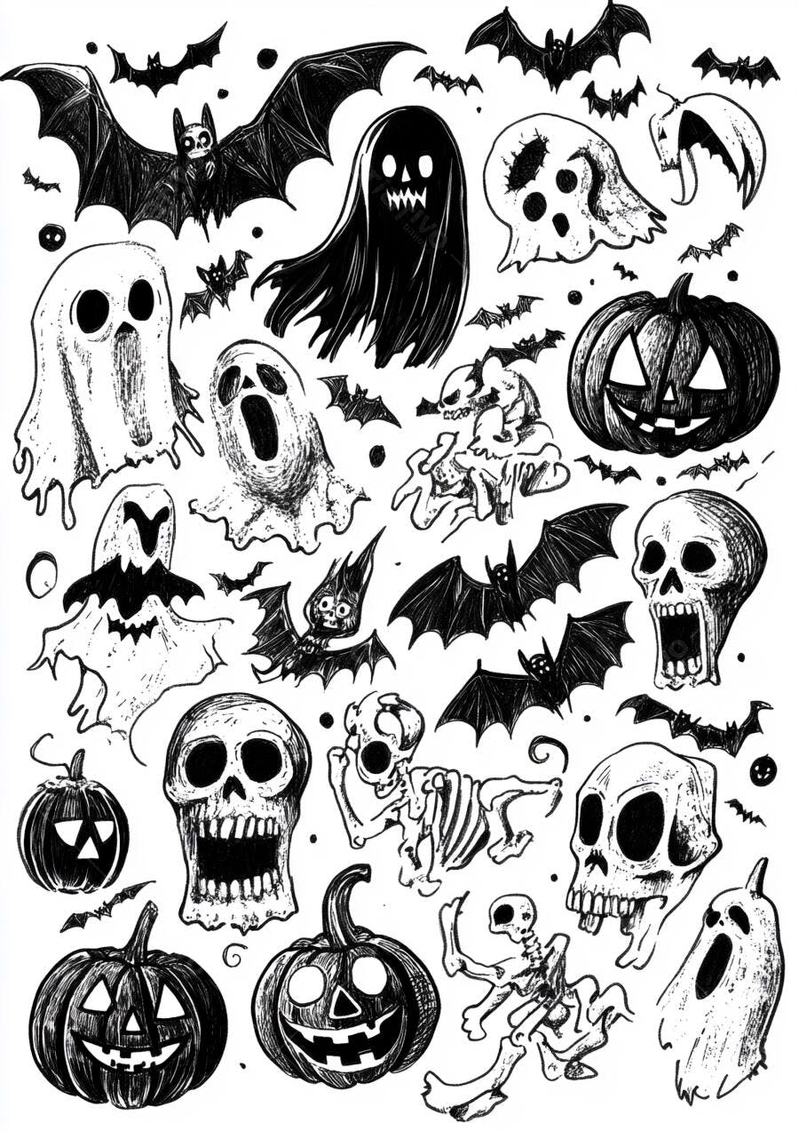 Ilustrações de Halloween em Preto e Branco