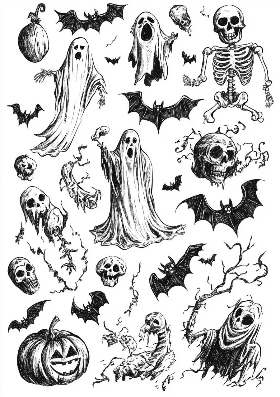 Coleção de Desenhos Monocromáticos de Halloween