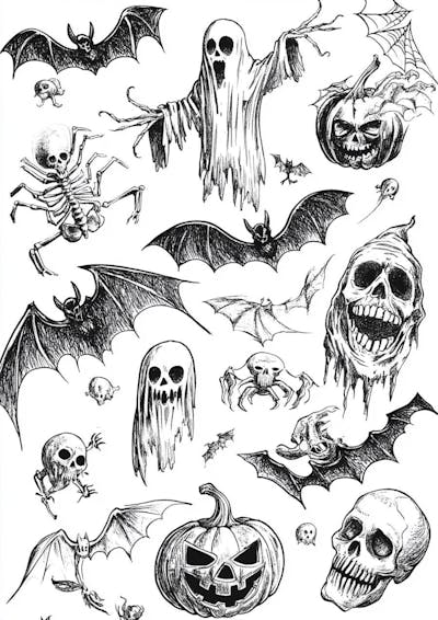 Um desenho detalhado de vários símbolos do Halloween_122