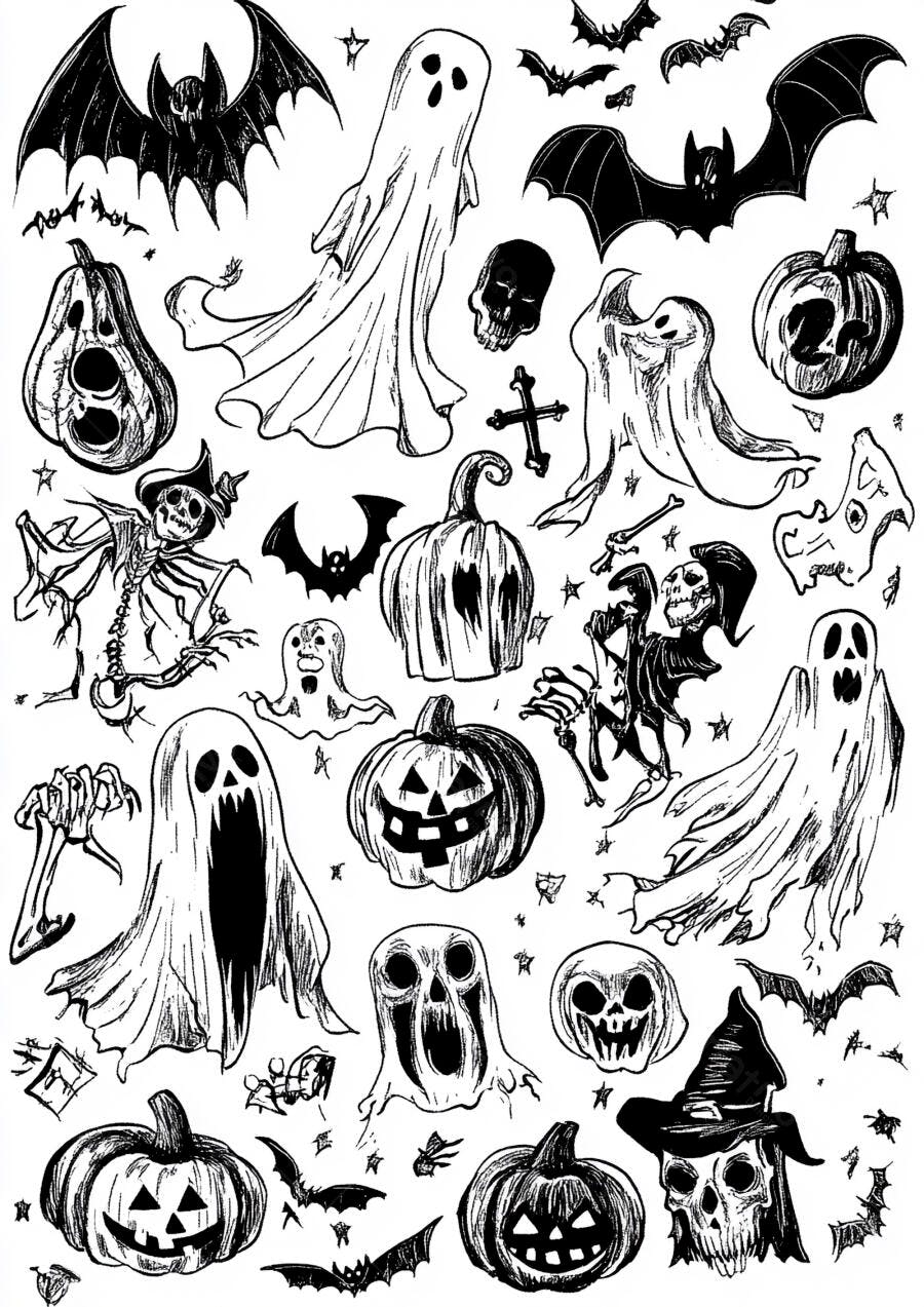 Ilustrações de Halloween Abóboras Fantasmas e Morcegos