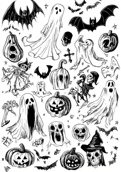 Um desenho detalhado de vários símbolos do Halloween_115