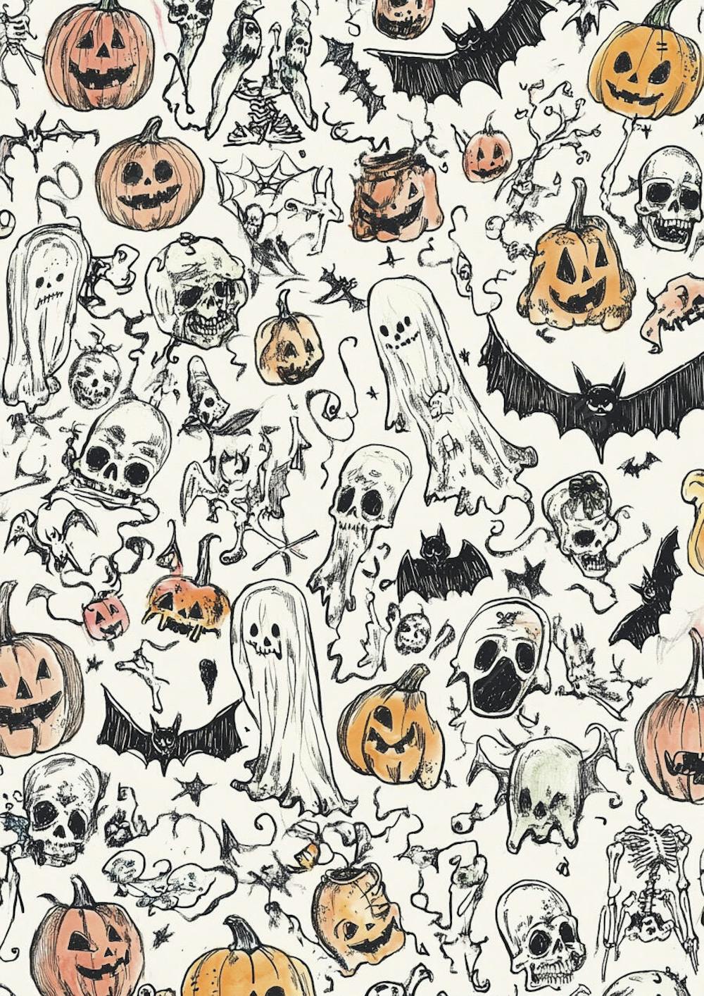 Um desenho detalhado de vários símbolos do Halloween_87
