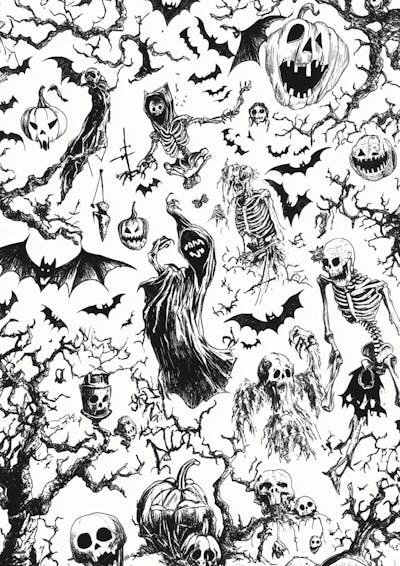 Um desenho detalhado de vários símbolos do Halloween_107