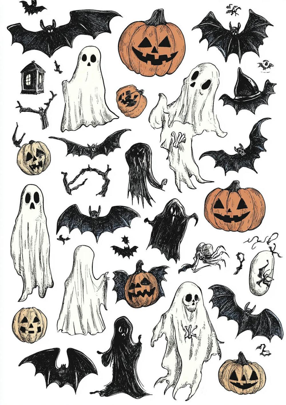 Um desenho detalhado de vários símbolos do Halloween_120