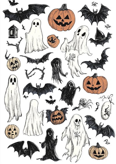 Um desenho detalhado de vários símbolos do Halloween_120