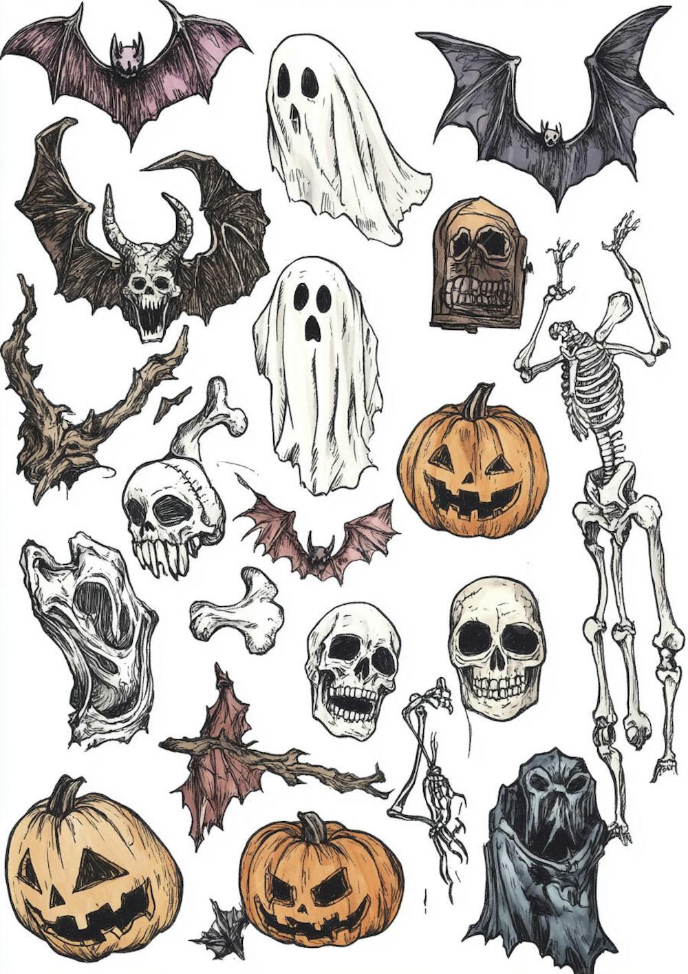 Um desenho detalhado de vários símbolos do Halloween_123