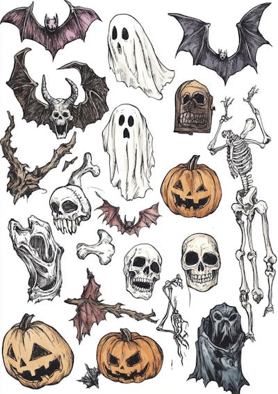 Um desenho detalhado de vários símbolos do Halloween_123