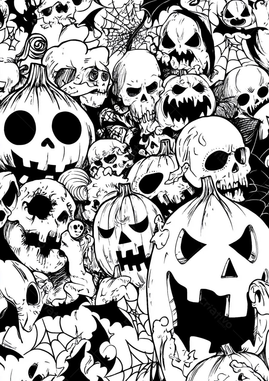 Abóbora e Caveiras Halloween Monocromático