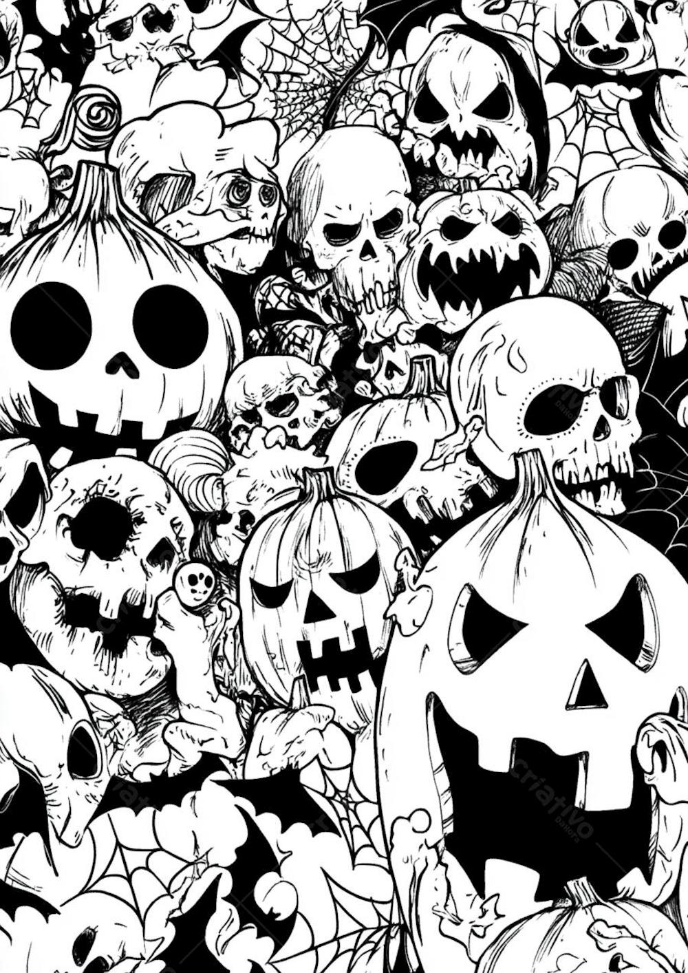 Um desenho detalhado de vários símbolos do Halloween_130