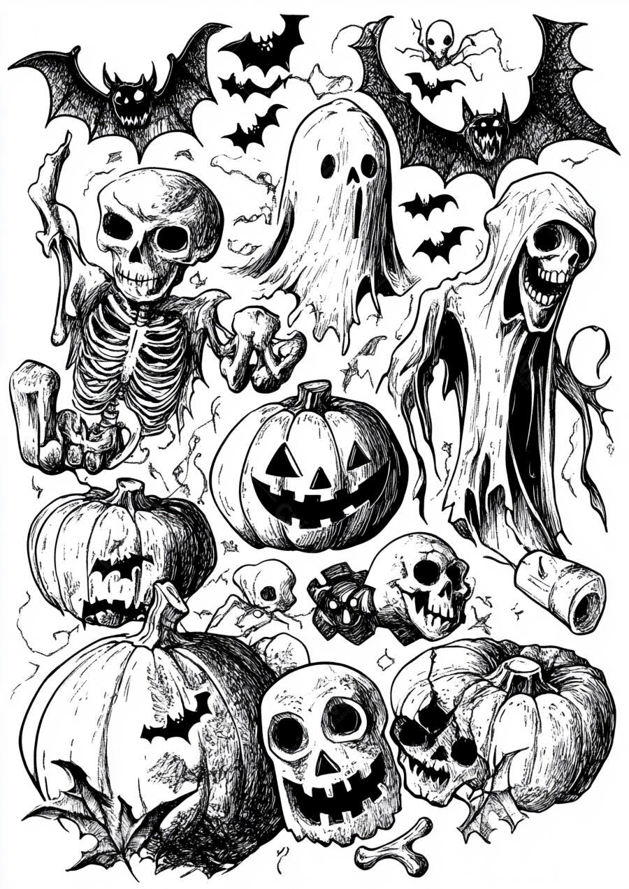 Ilustração Halloween Abóboras Caveiras Fantasmas Morcegos