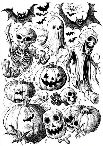 Um desenho detalhado de vários símbolos do Halloween_113