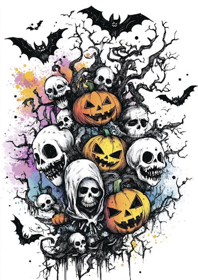 Um desenho detalhado de vários símbolos do Halloween_116
