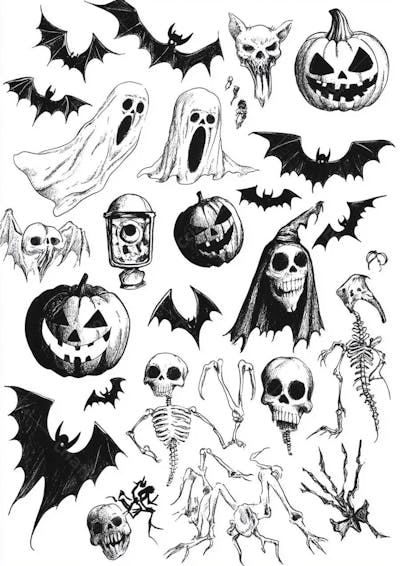 Um desenho detalhado de vários símbolos do Halloween_141