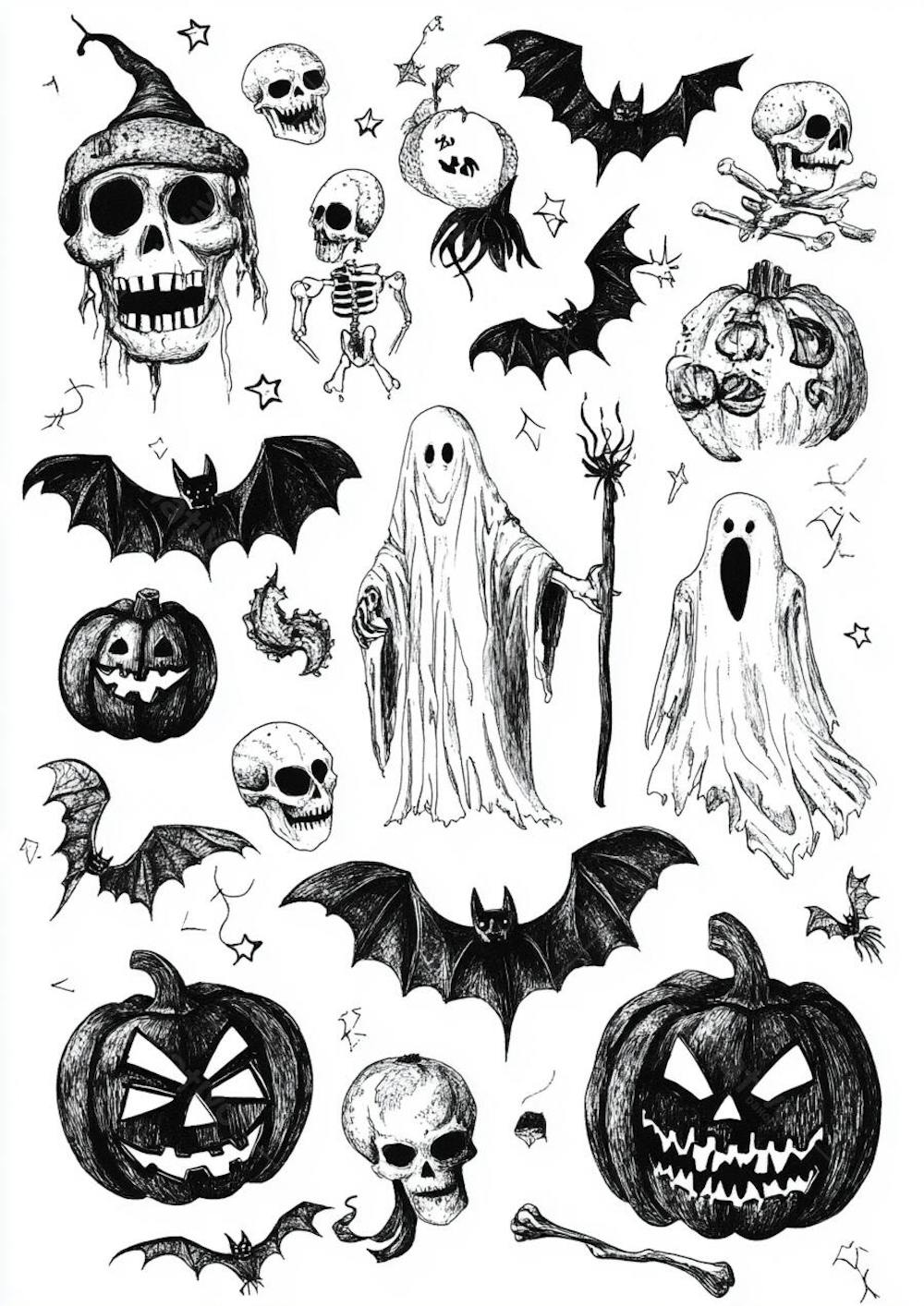 Um desenho detalhado de vários símbolos do Halloween_131